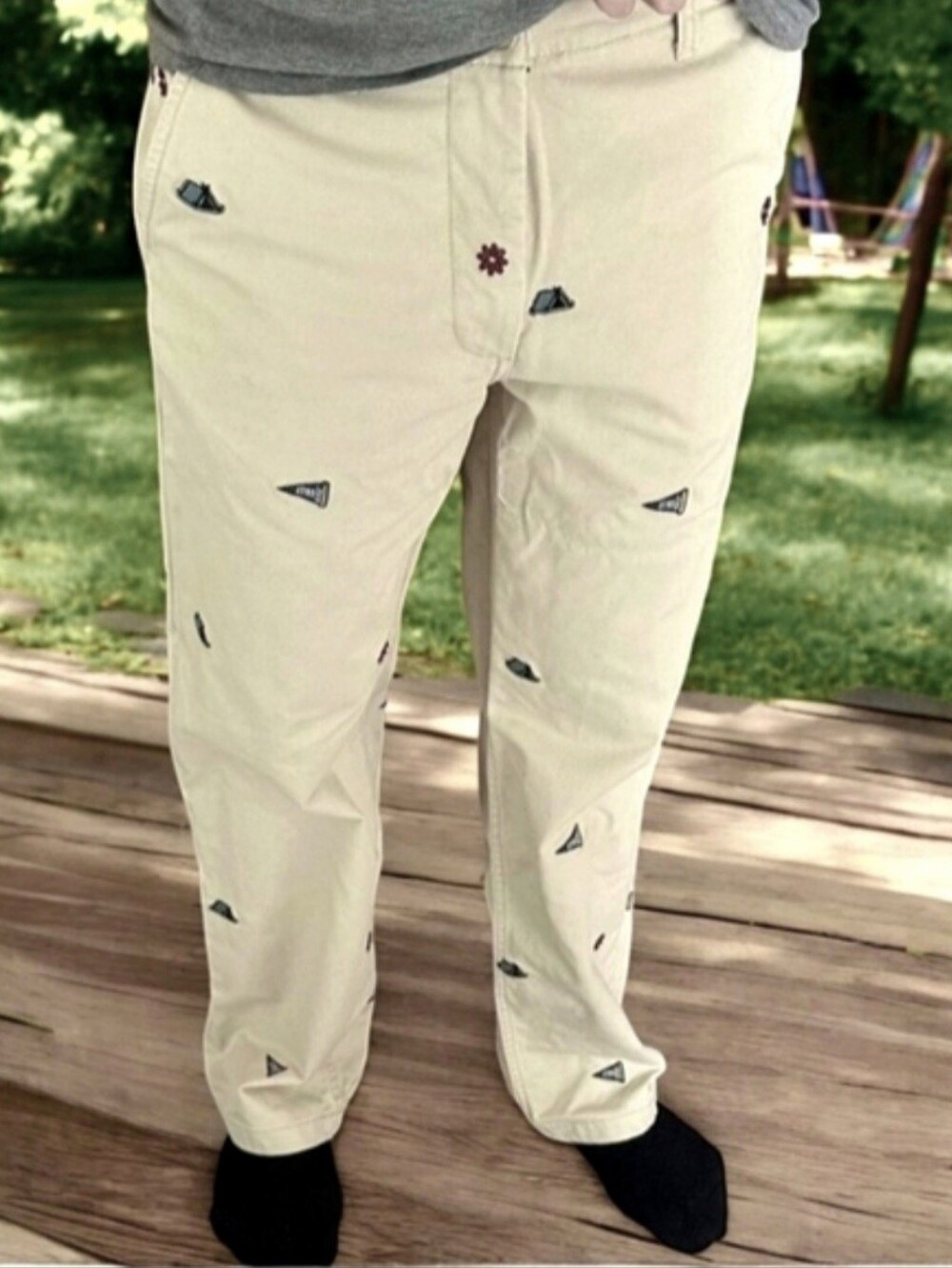 🆕️ Zara Man Beige Embroidered Camp Flag 100% Cotton Chinos Pants Size 32